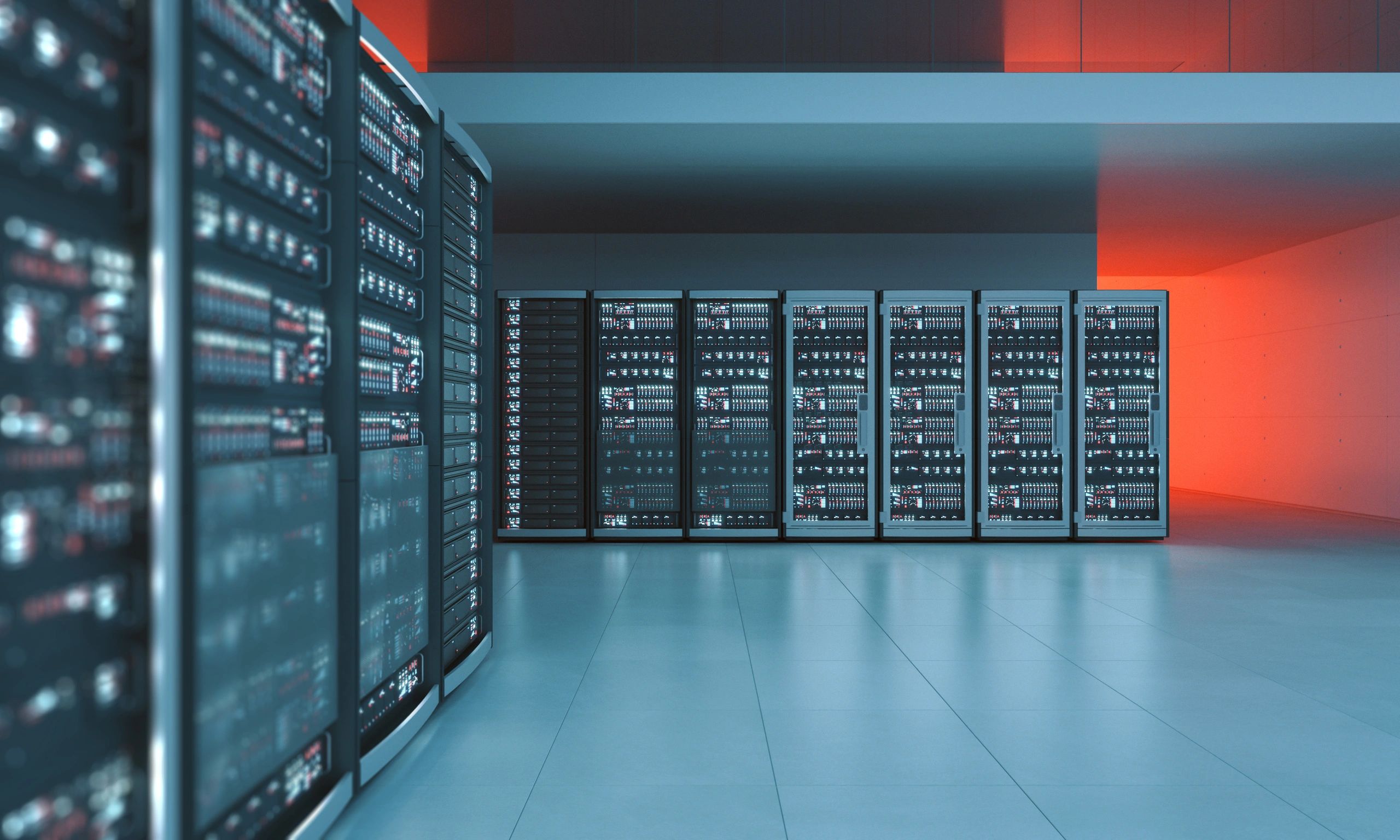 Modern data center servers with illuminated network hardware
